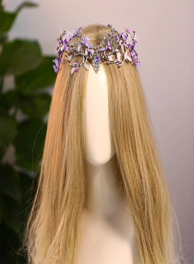 MOSTORY Handmade Purple Woodland Fairy Headpiece - Elf Crown Forest Antler Circlet Silver Branch Wreath with Rhinestone for Princess Party Renaissance Faire Halloween Prom Cosplay - Image 4